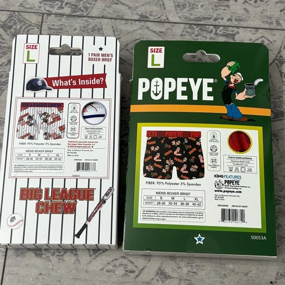 NEW | (2) Cartoon Boxer Brief Underwear | Popeye & Big League Chew Baseball | L